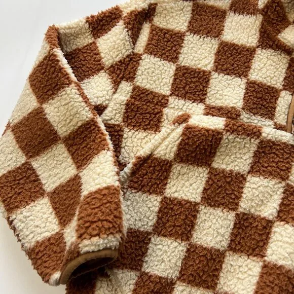 Gap Kids XL (12) Cream & Brown Checkered Hooded Fleece Pullover Jacket - Picture 3 of 8